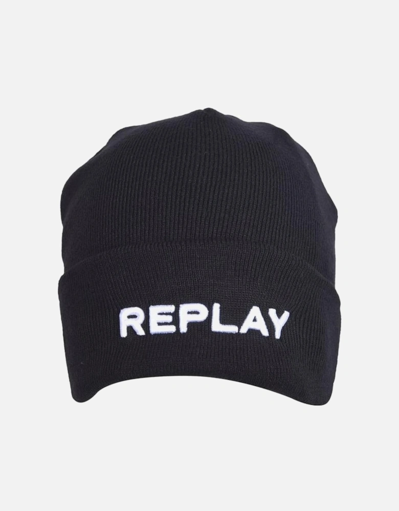 Embroidered Logo Beanie Hat, Black