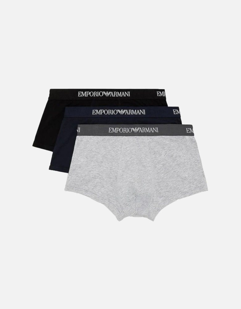 3-Pack Pure Cotton Boxer Trunks, Navy/Grey/Black