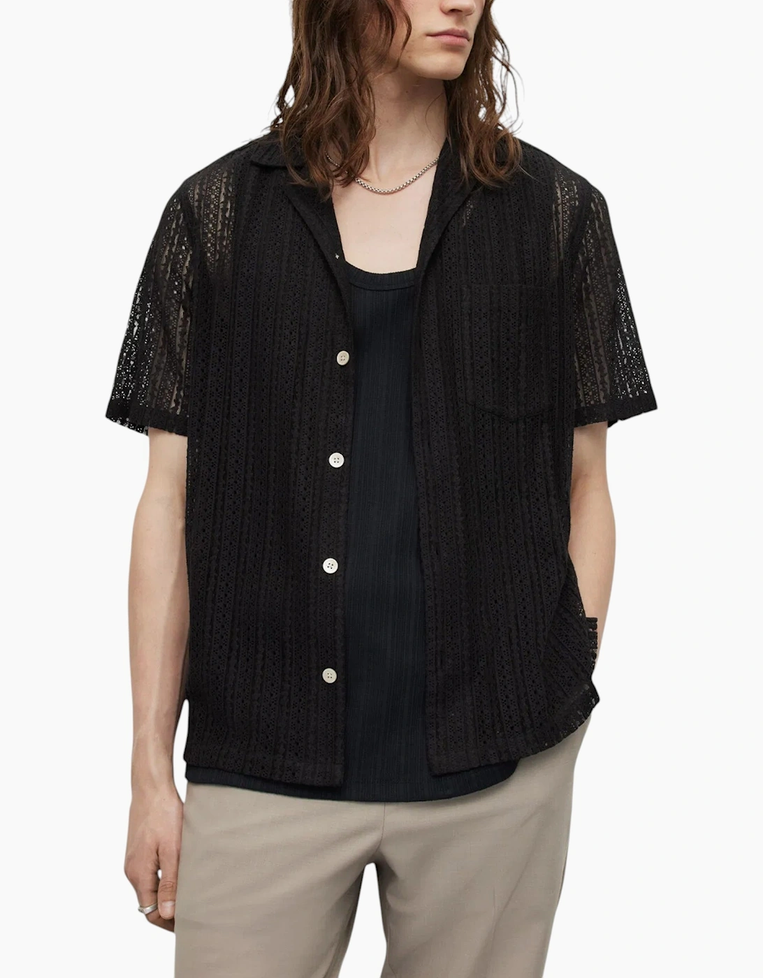AllSaints Allsaints Men's All Saints Mens Shirt Short Sleeve Summer Relaxed Fit Casual Holiday New Cotton - Black