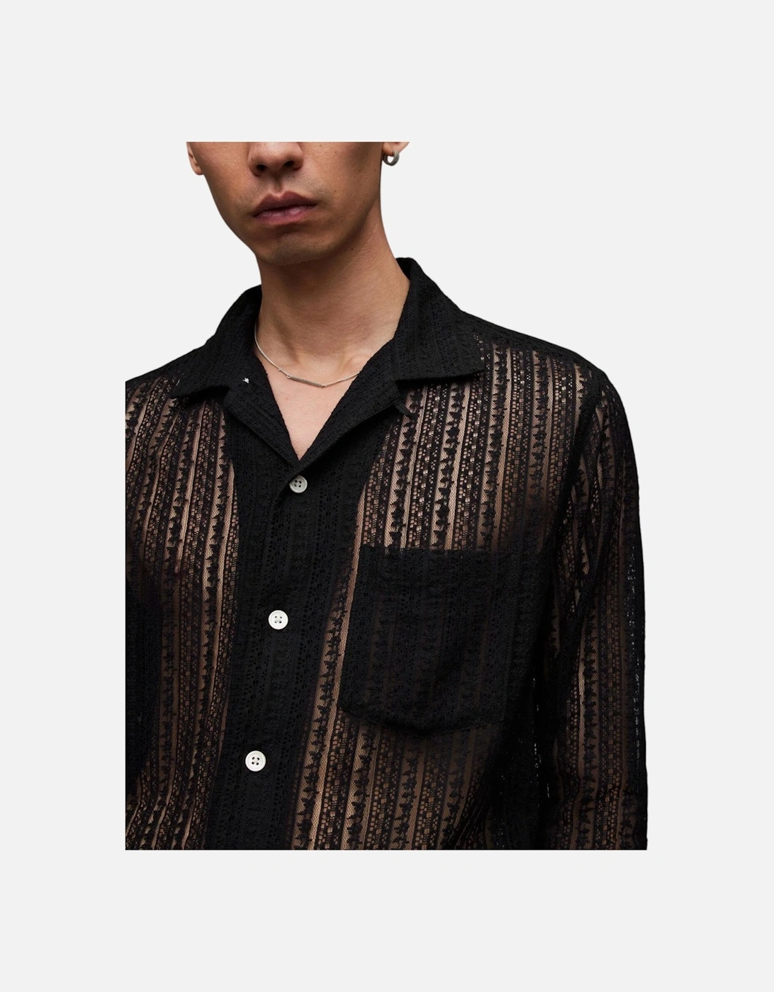 All Saints Mens Shirts Cala Long Sleeve Relaxed Fit Soft Lace Fabric Beach Shirt