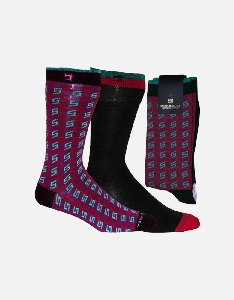 2-Pack Jacquard Pattern & Colour Block Stripe Socks, Purple/Green