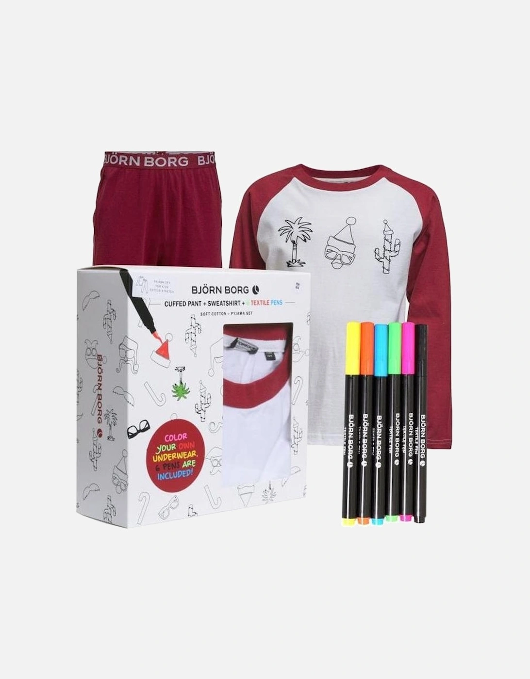 Boys Xmas Print Boys Colouring-in Pyjama Set with Pens, White/Burgundy, 11 of 10