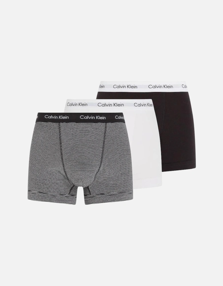 Cotton Stretch 3-Pack Stripe & Solid Boxer Trunks, Black/White
