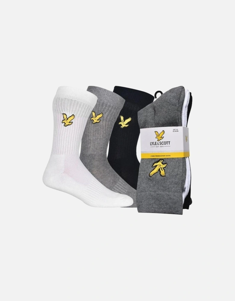 3-Pack Big Eagle Logo Sports Socks, Black/White/Grey