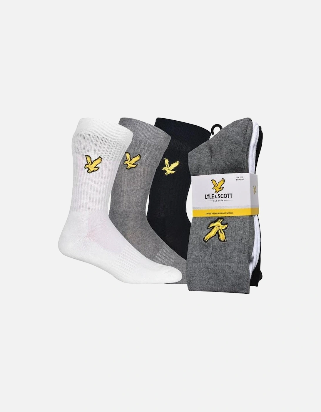 3-Pack Big Eagle Logo Sports Socks, Black/White/Grey, 7 of 6