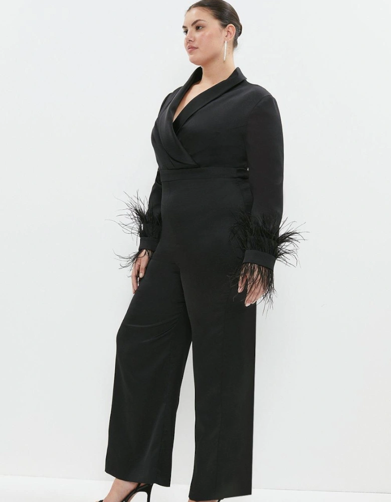 Plus Size Drape Front Feather Cuff Jumpsuit