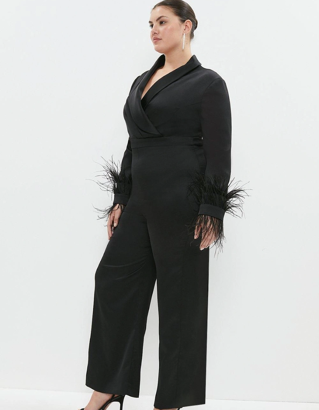 Plus Size Drape Front Feather Cuff Jumpsuit, 2 of 1