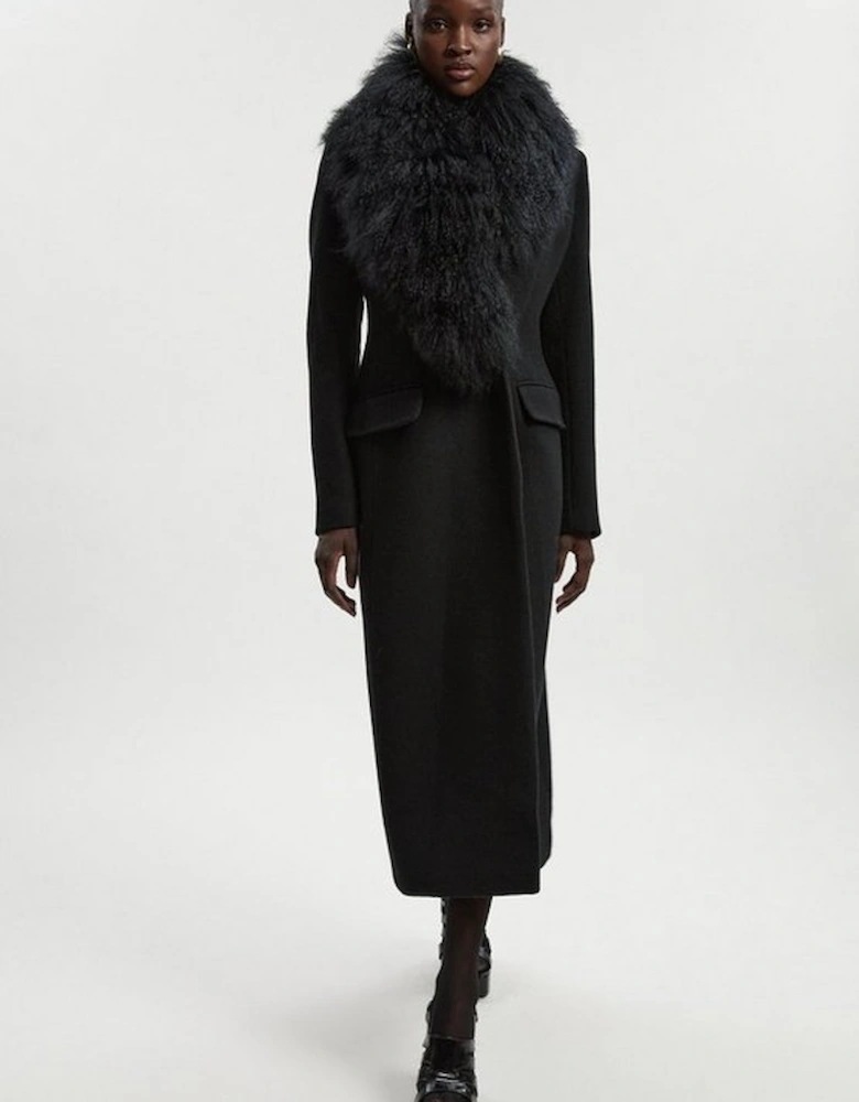 Wool Detachable Fur Collar Tailored Double Breasted Midi Coat