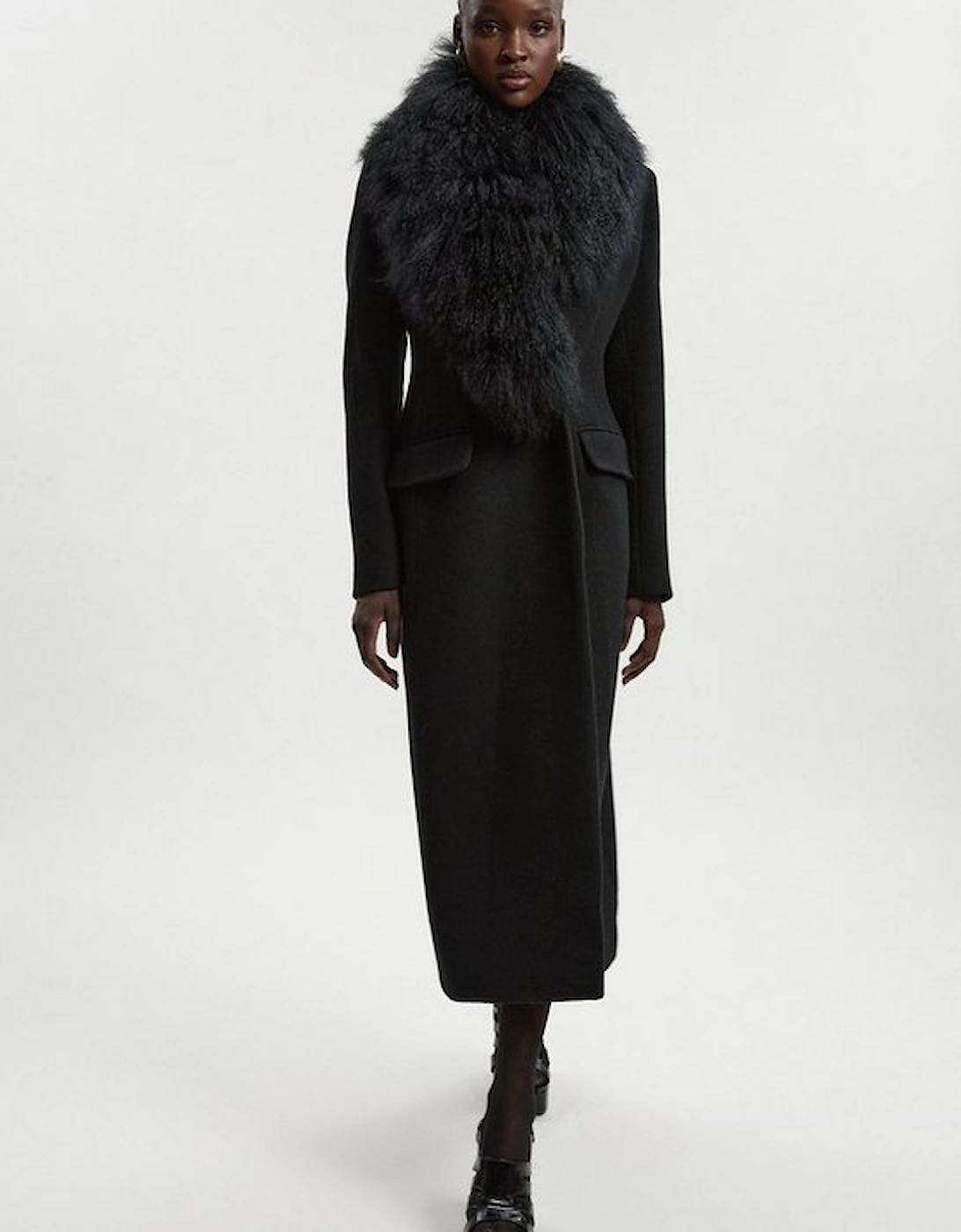 Wool Detachable Fur Collar Tailored Double Breasted Midi Coat, 2 of 1