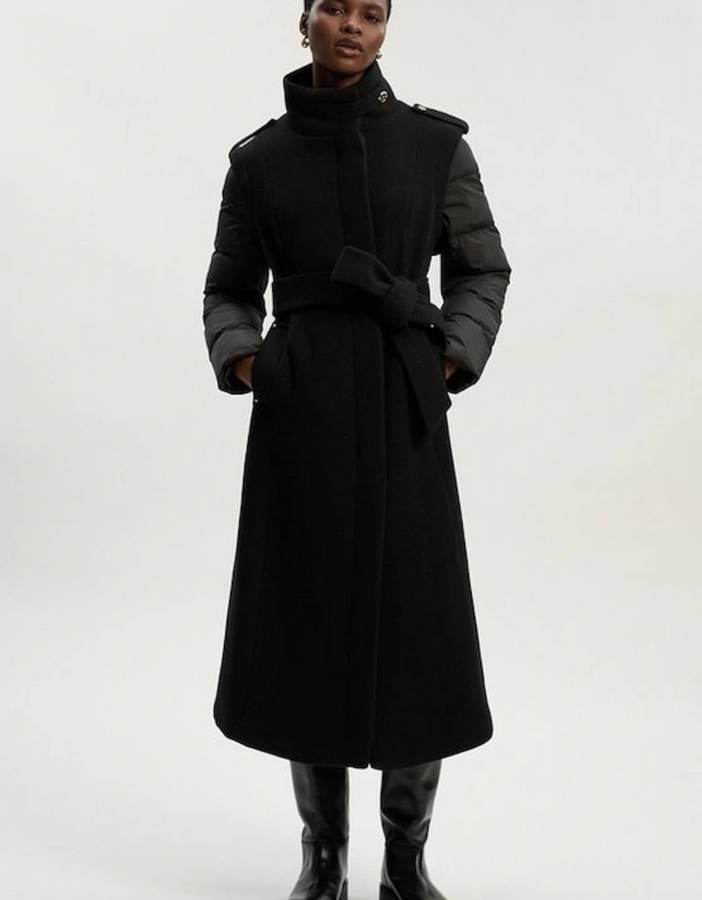 Wool Hybrid Puffer High Neck Belted Midi Coat