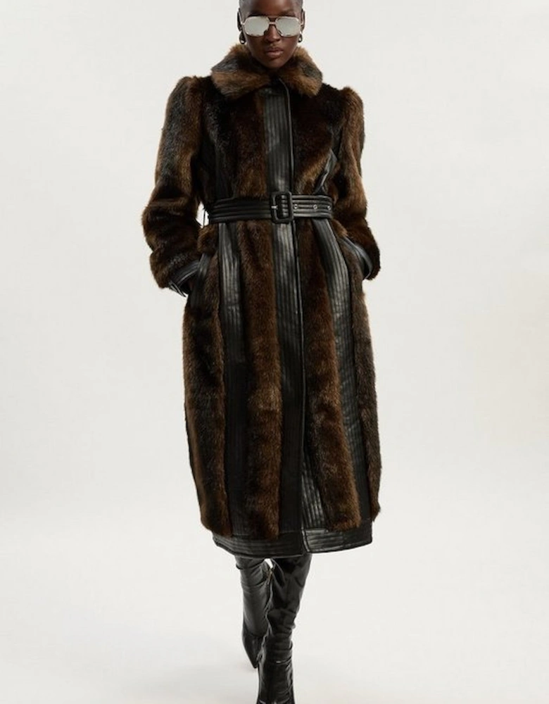 Faux Fur PU Panelled Belted Midi Coat