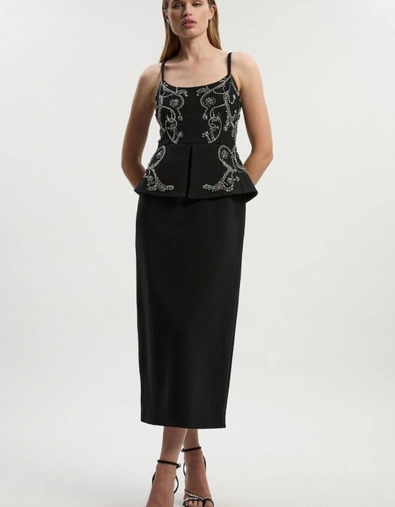 Petite Crystal Embellished Peplum Bandeau Pencil Midi Dress