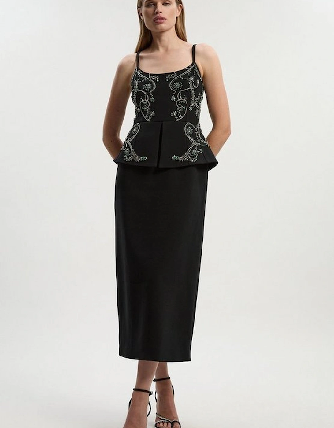 Petite Crystal Embellished Peplum Bandeau Pencil Midi Dress, 2 of 1