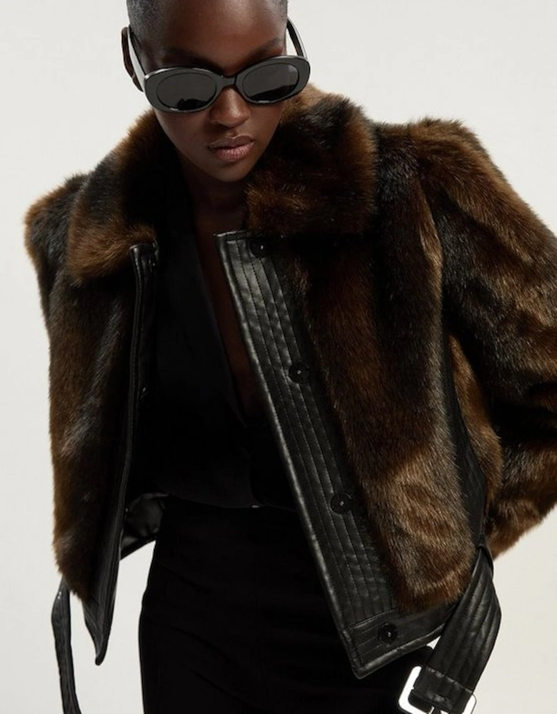 Faux Fur PU Panelled Belted Cropped Jacket