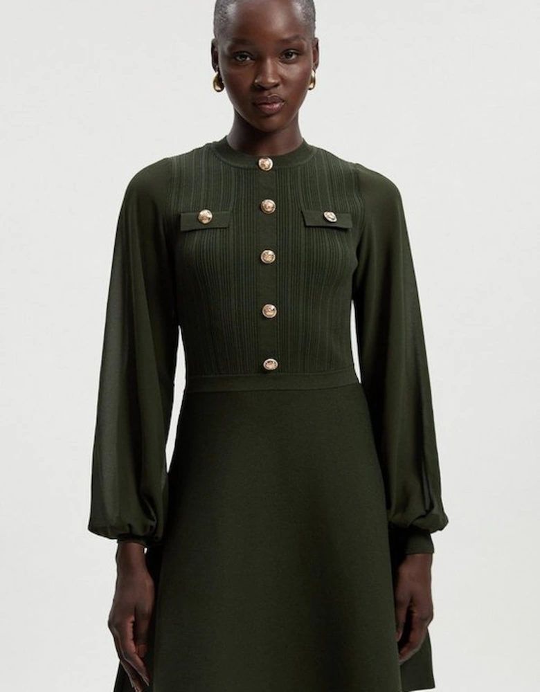 Petite Viscose Blend Mini Knit Dress With Chiffon Sleeve Military Trim