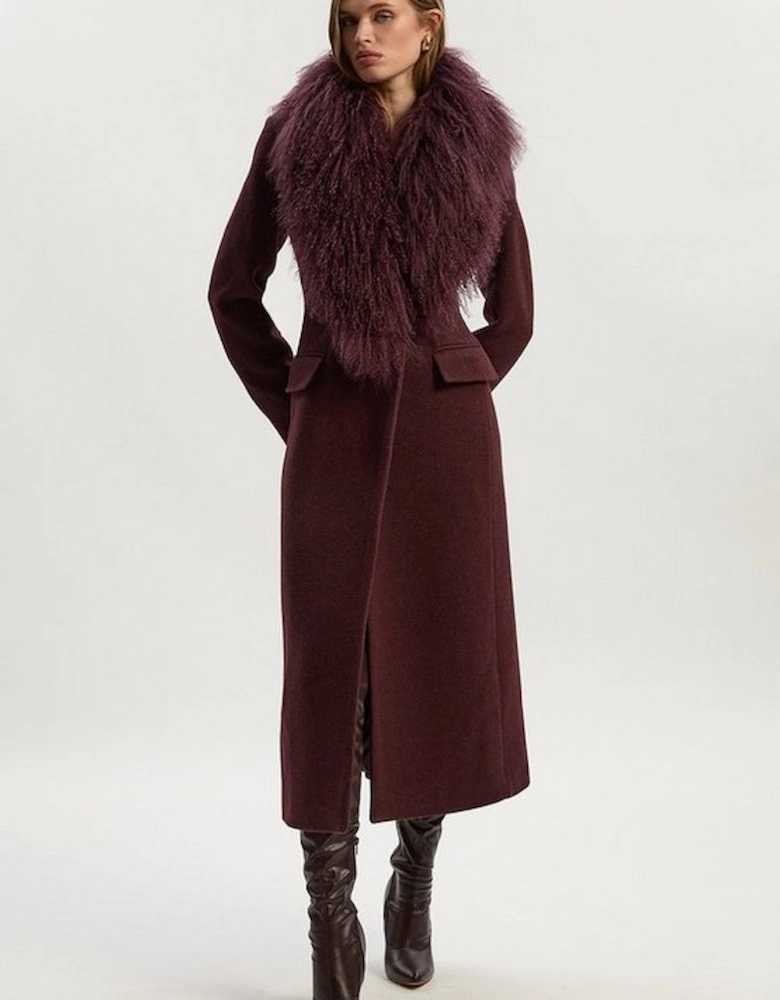 Wool Detachable Fur Collar Tailored Double Breasted Midi Coat