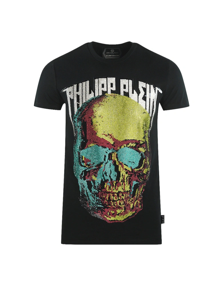 Large Multi Colour Skull Black T-Shirt