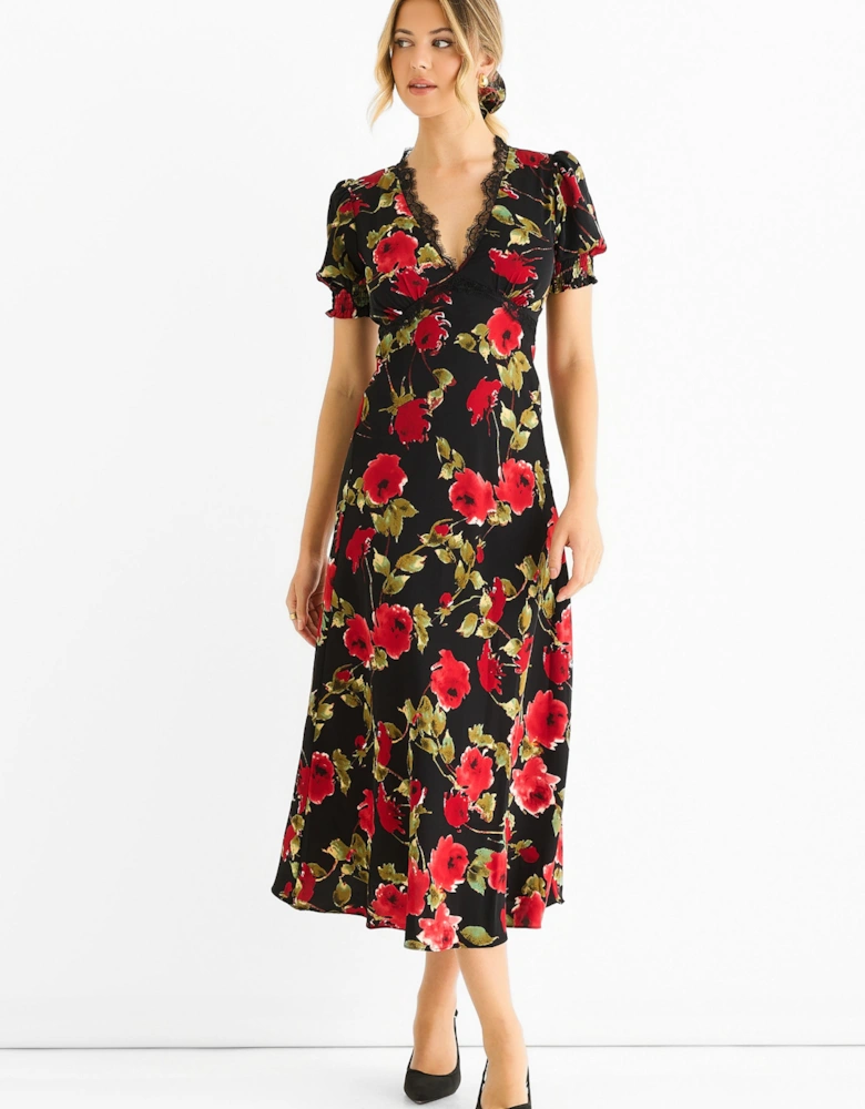 Black Floral Lace Trim Detail Midi Dress