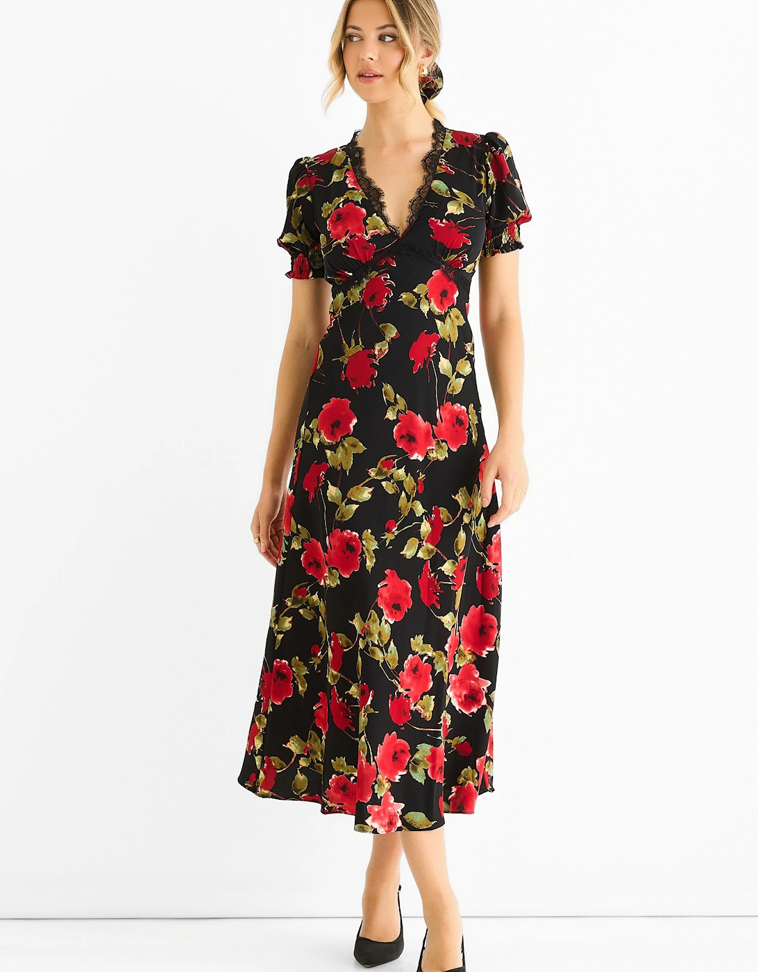 Black Floral Lace Trim Detail Midi Dress