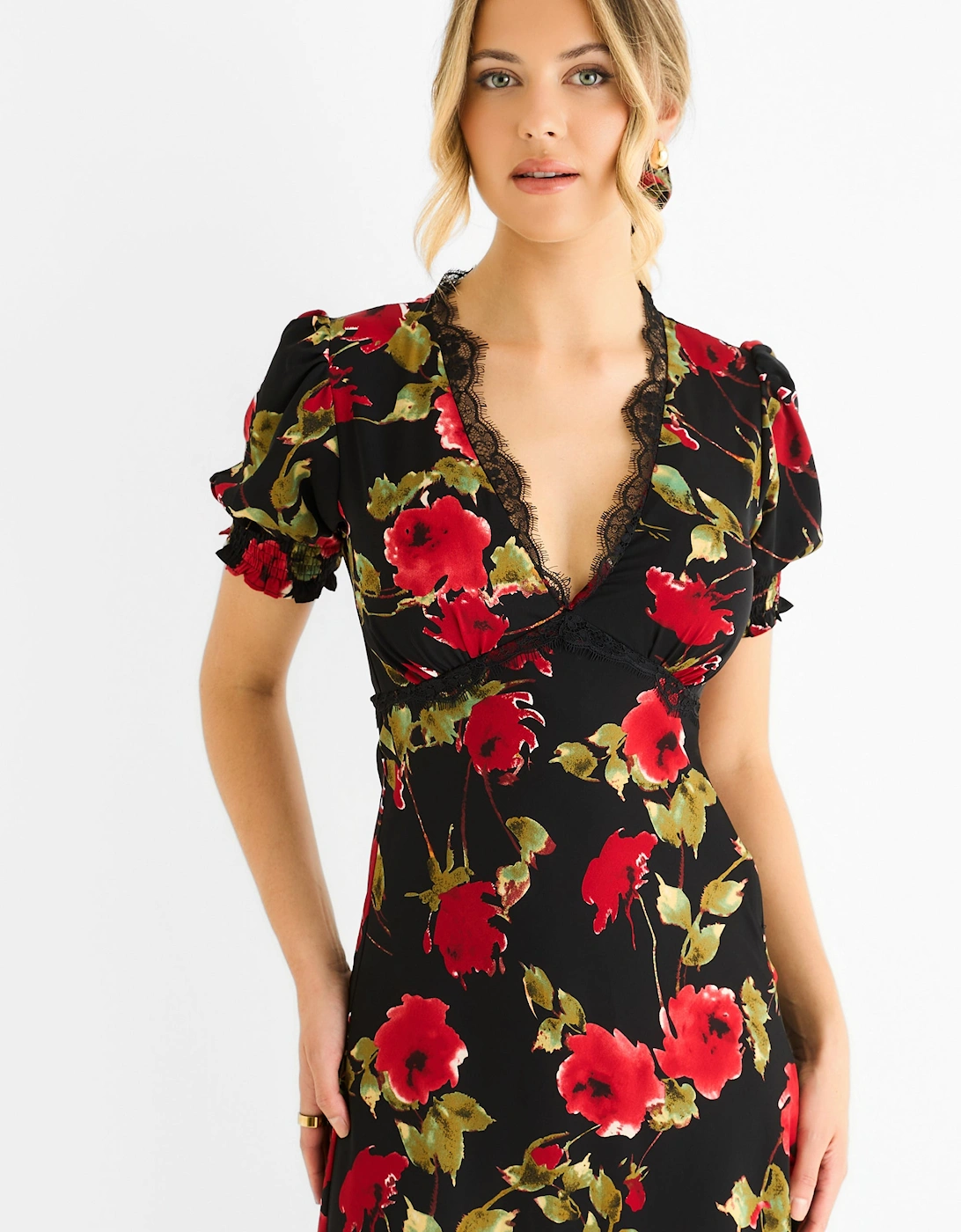 Black Floral Lace Trim Detail Midi Dress