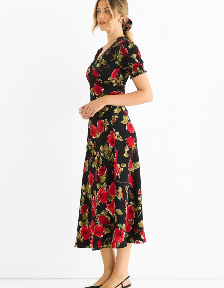 Black Floral Lace Trim Detail Midi Dress