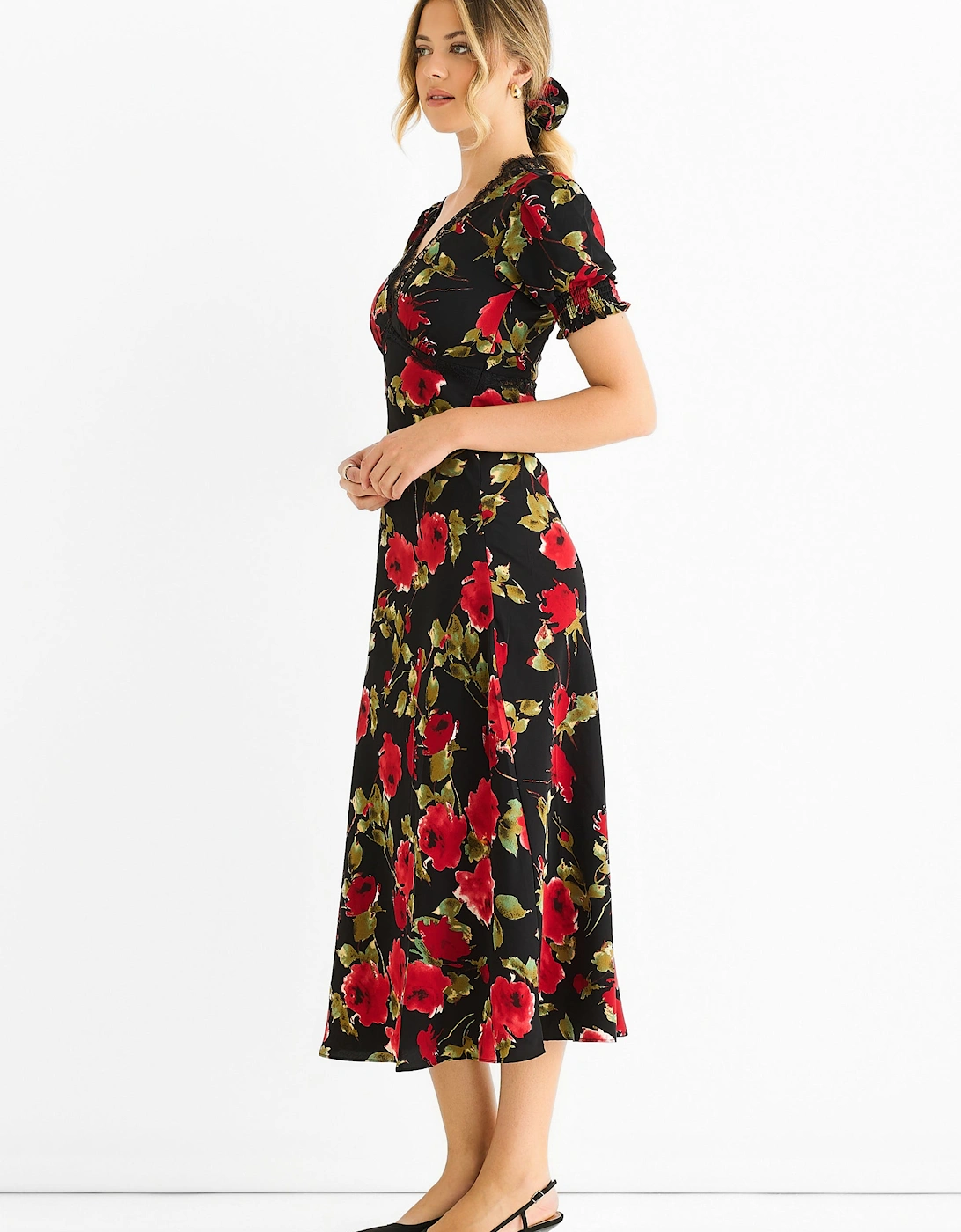 Black Floral Lace Trim Detail Midi Dress