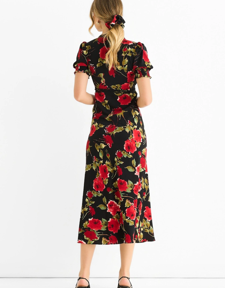 Black Floral Lace Trim Detail Midi Dress