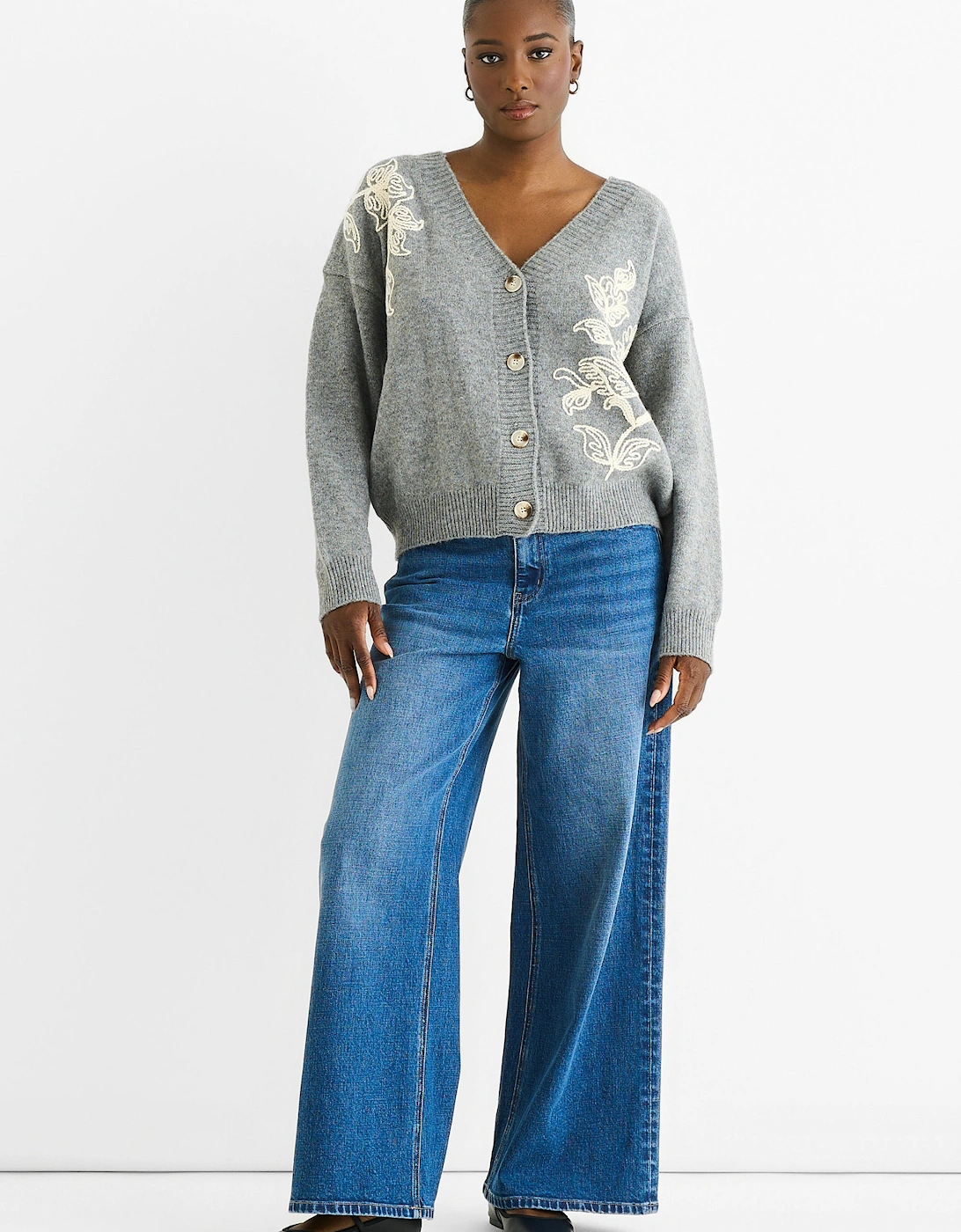 Grey Floral Appliqué Wool Mix Cardigan, 5 of 4