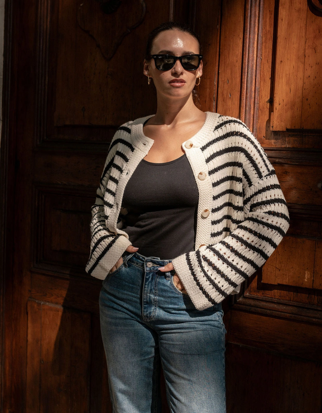 Cream Stripe Cable Knit Crop Cardigan