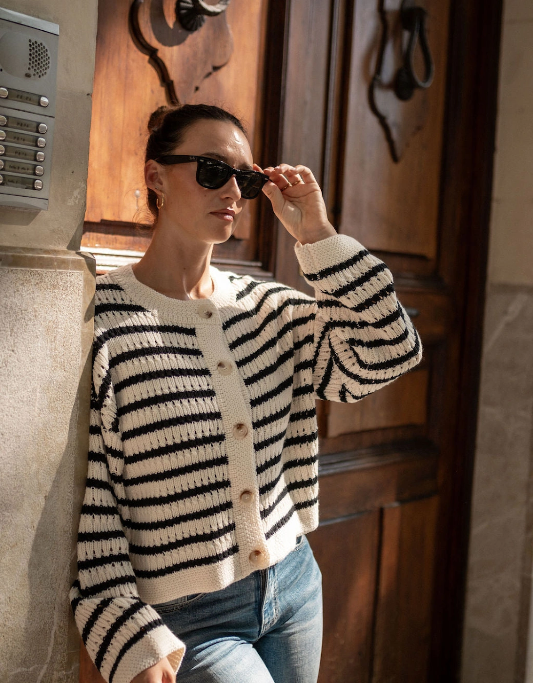 Gini London Women's White Cream Stripe Cable Knit Crop Cardigan - Size: 10/12