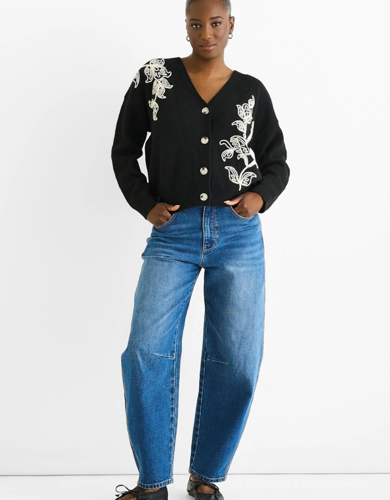 Black Floral Appliqué Wool Mix Cardigan