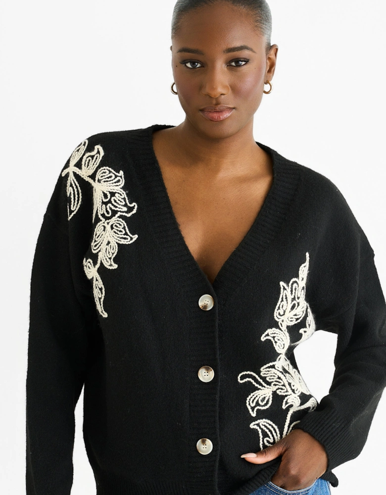 Black Floral Appliqué Wool Mix Cardigan