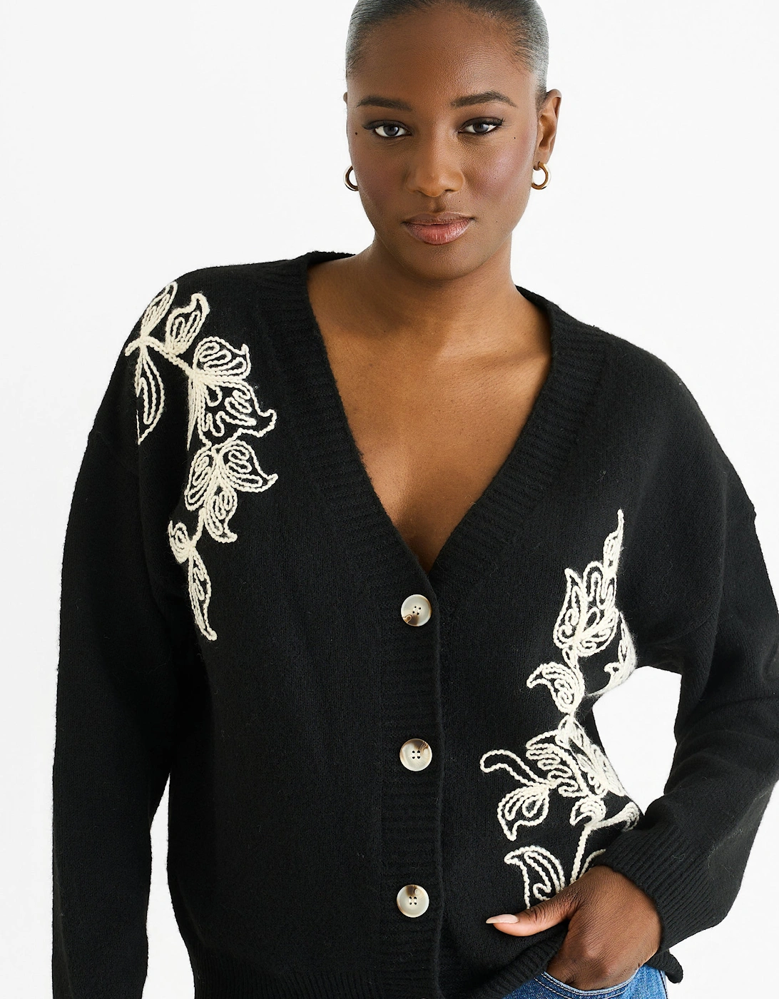 Black Floral Appliqué Wool Mix Cardigan