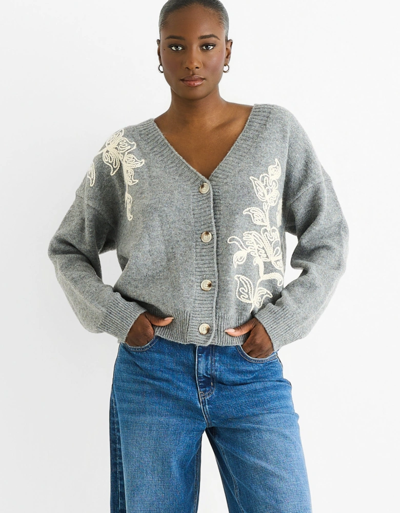 Grey Floral Appliqué Wool Mix Cardigan