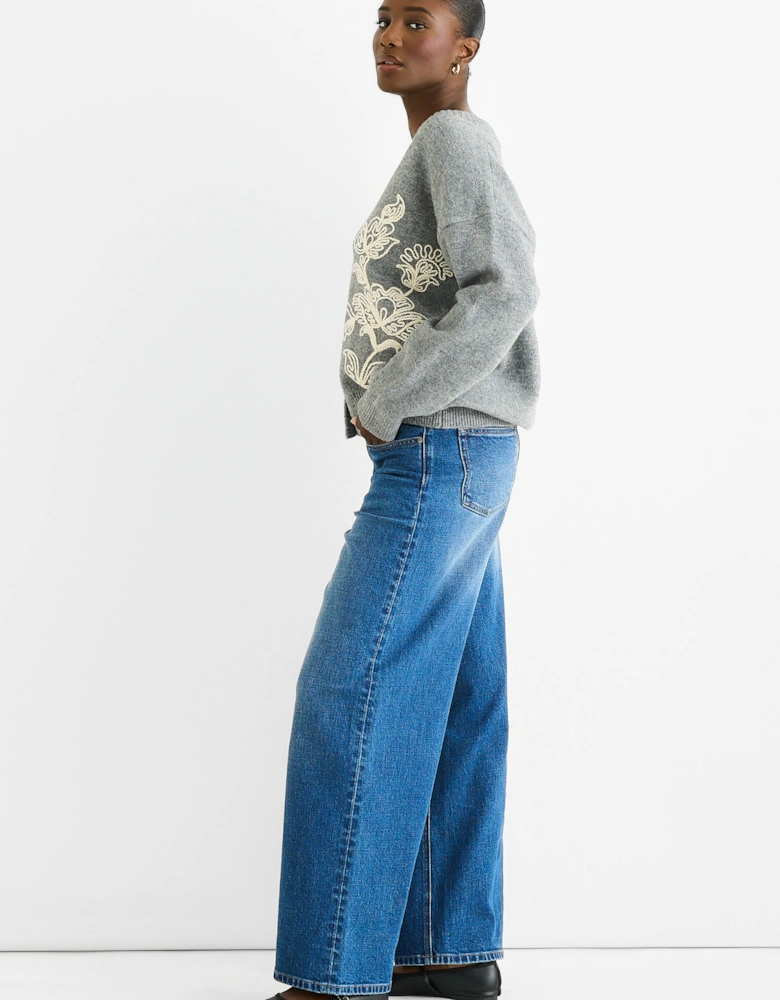Grey Floral Appliqué Wool Mix Cardigan