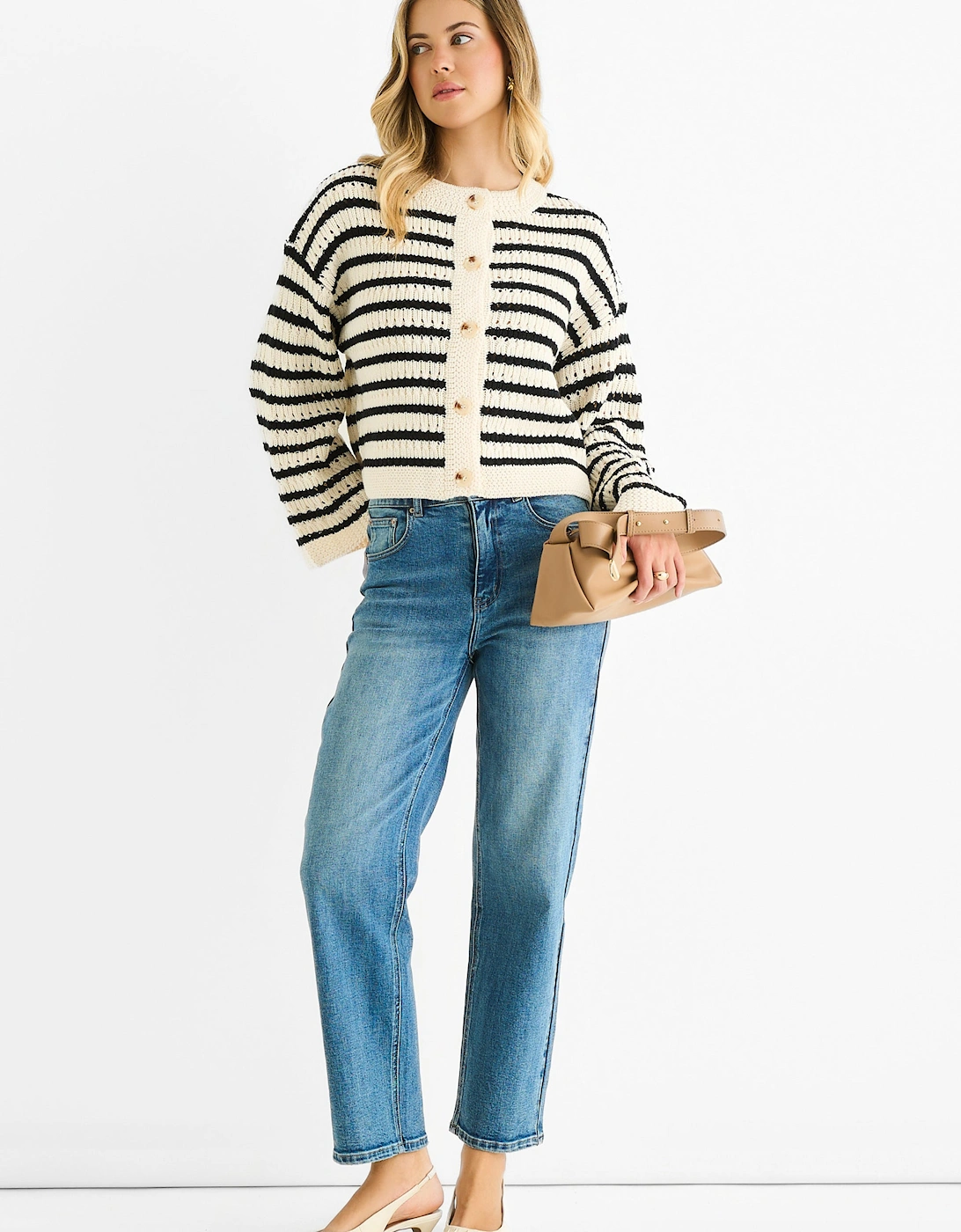 Cream Stripe Cable Knit Crop Cardigan