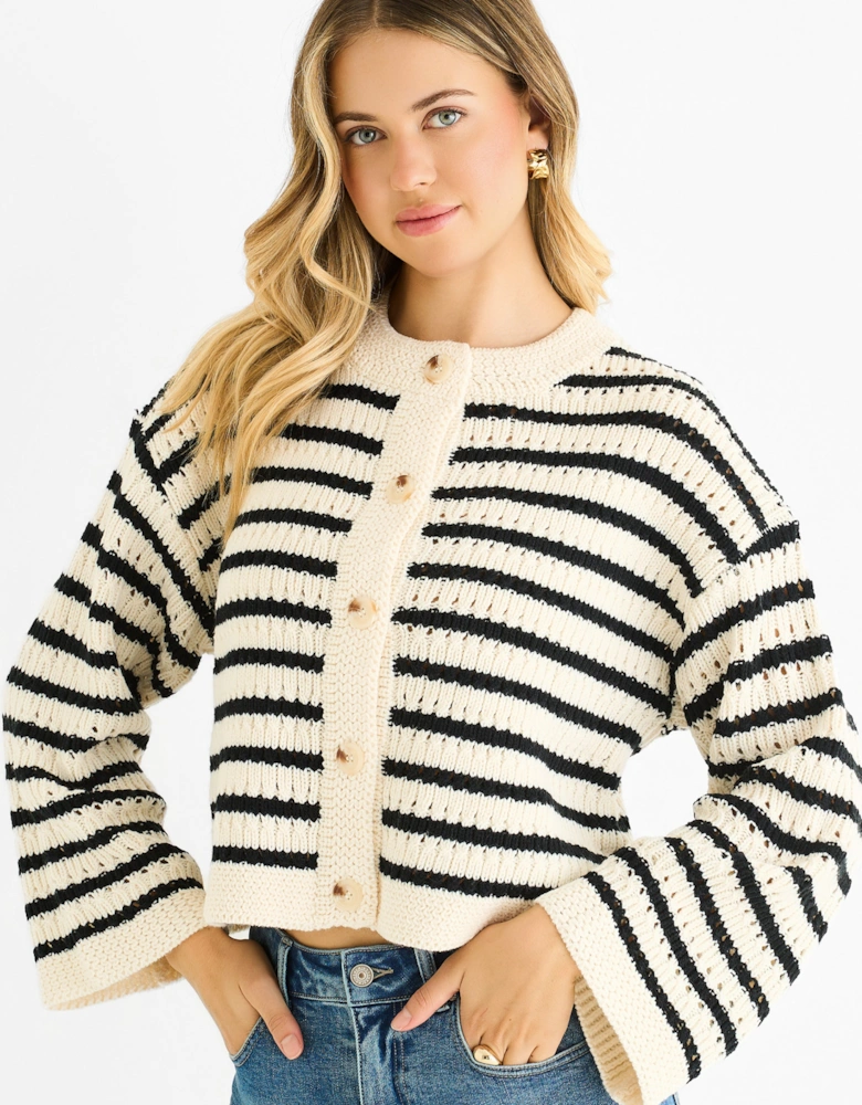 Cream Stripe Cable Knit Crop Cardigan