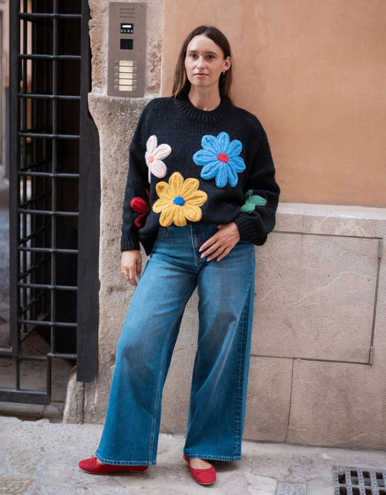 Black Floral Crochet Chunky Knit Oversized Jumper