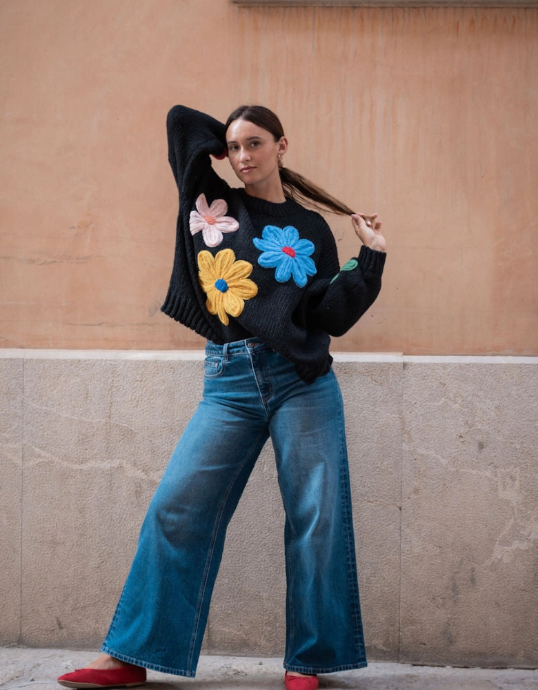 Black Floral Crochet Chunky Knit Oversized Jumper