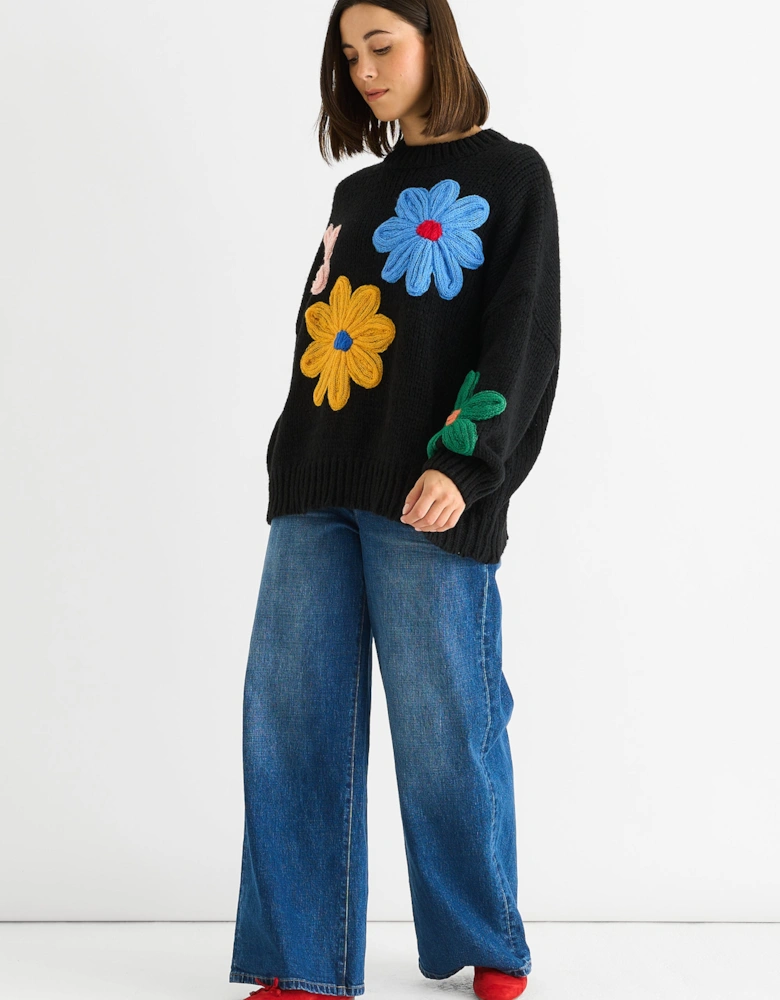 Black Floral Crochet Chunky Knit Oversized Jumper