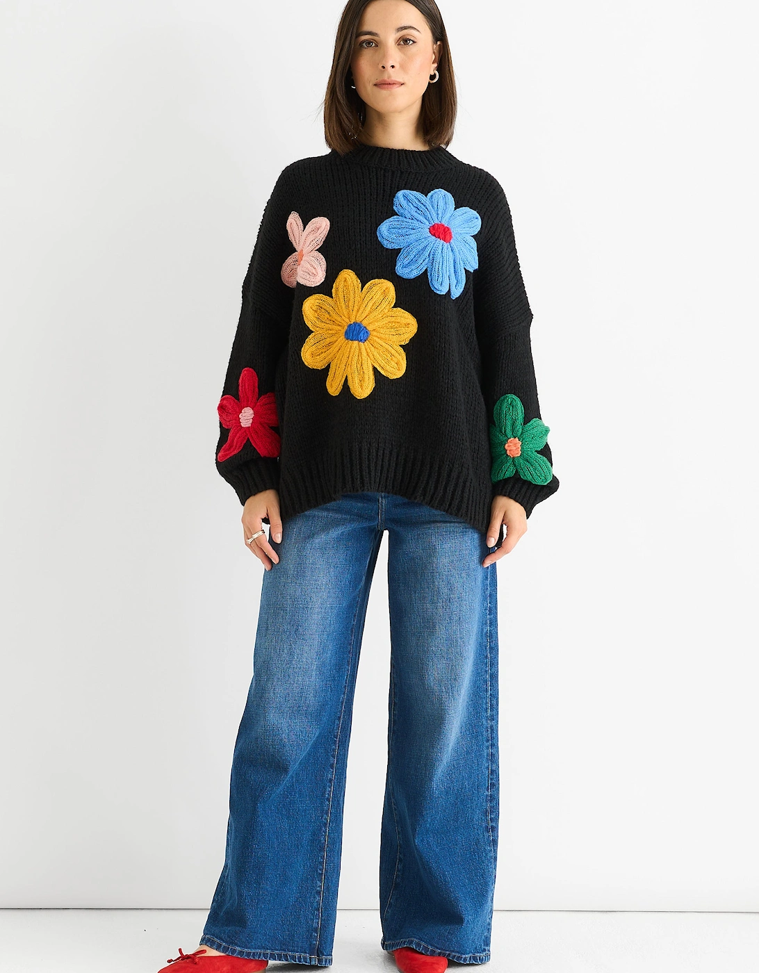 Gini London Women's Black Floral Crochet Chunky Knit Oversized Jumper - Size 10/12