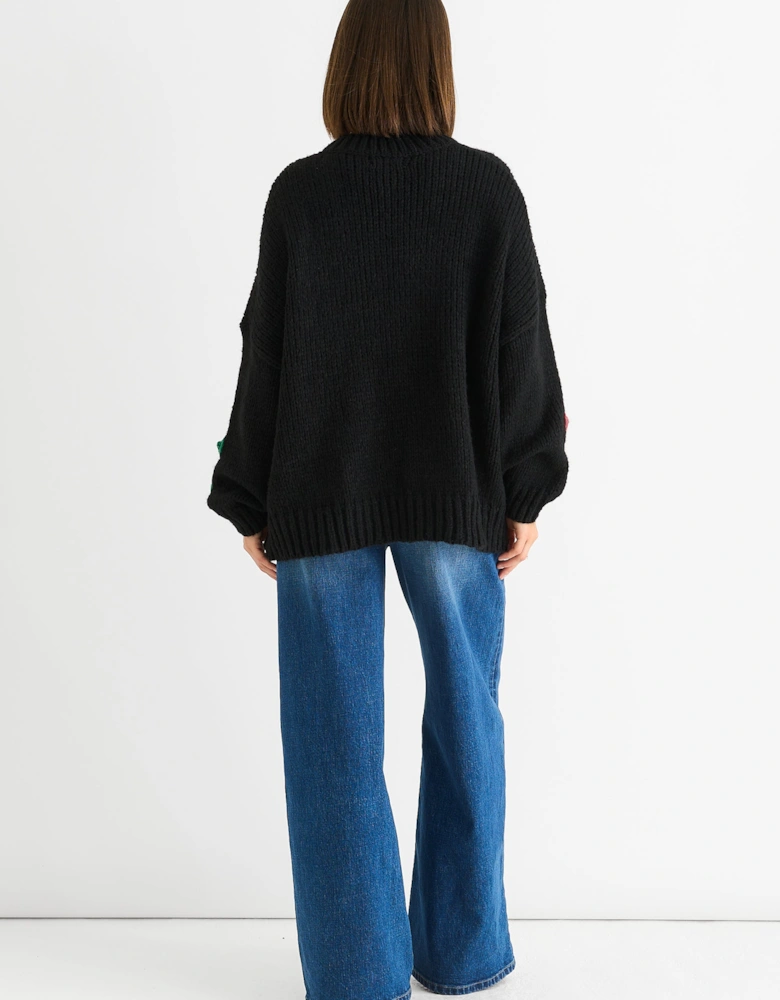 Black Floral Crochet Chunky Knit Oversized Jumper
