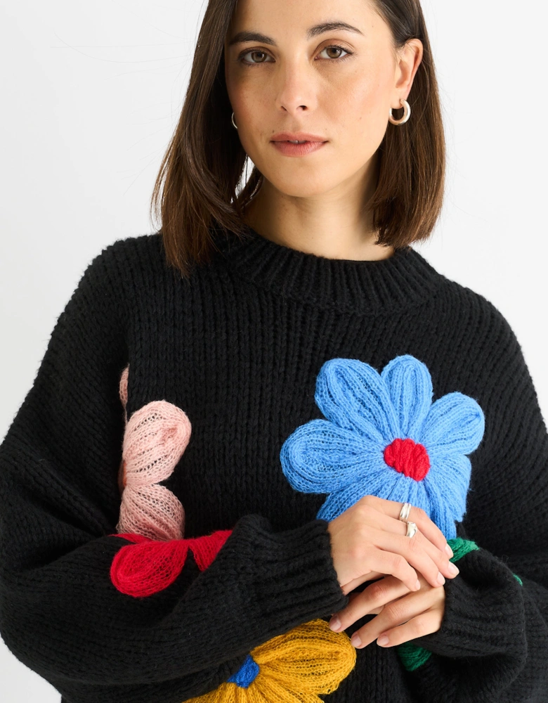 Black Floral Crochet Chunky Knit Oversized Jumper