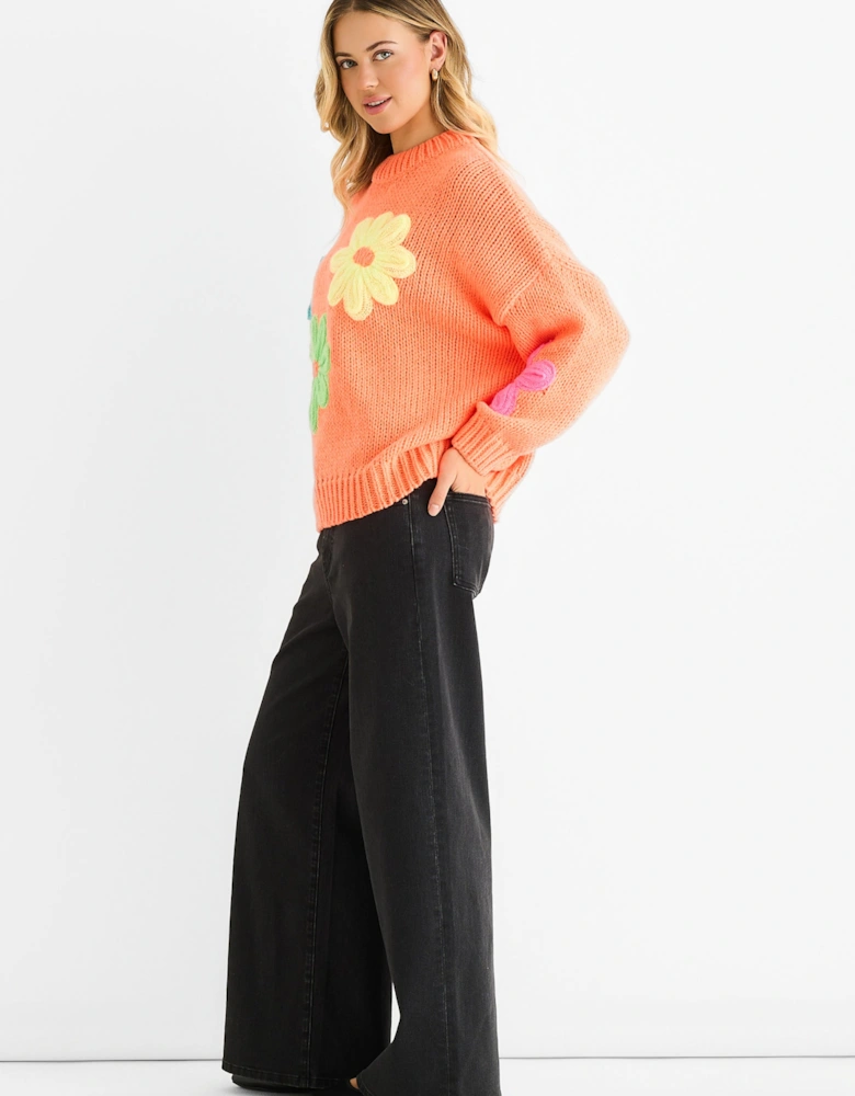 Orange Floral Crochet Chunky Knit Oversized Jumper