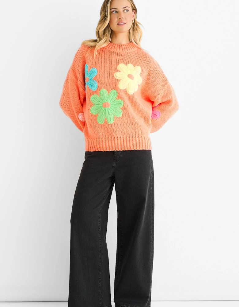 Orange Floral Crochet Chunky Knit Oversized Jumper