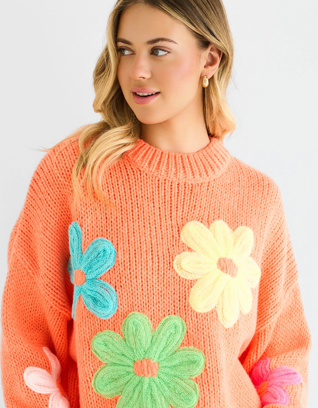 Gini London Women's Orange Floral Crochet Chunky Knit Oversized Jumper - Size: 10/12