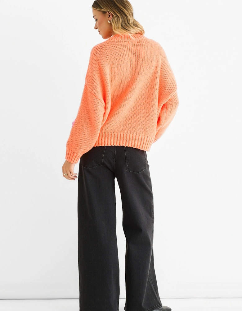 Orange Floral Crochet Chunky Knit Oversized Jumper
