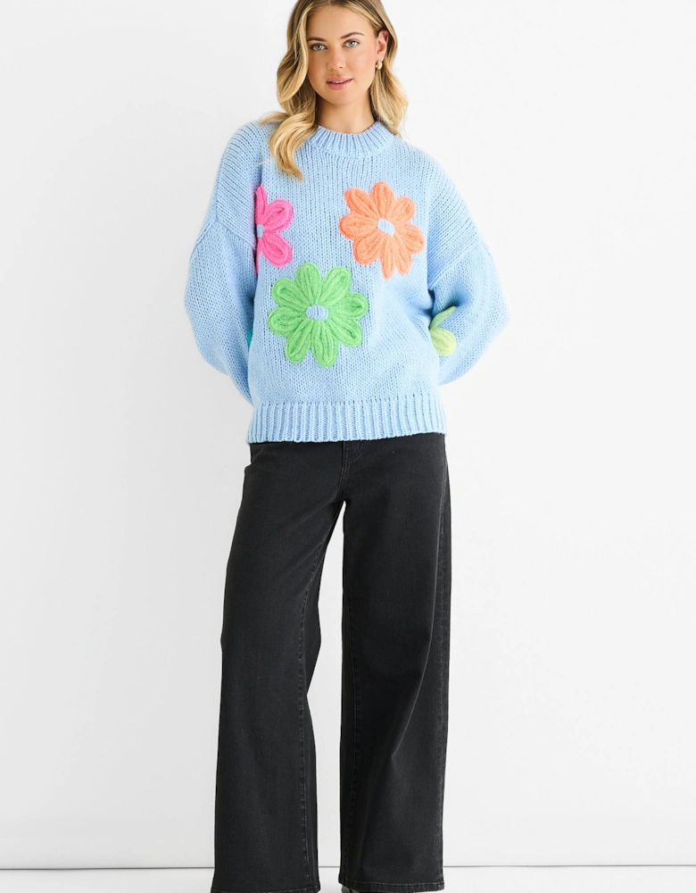 Blue Floral Crochet Chunky Knit Oversized Jumper