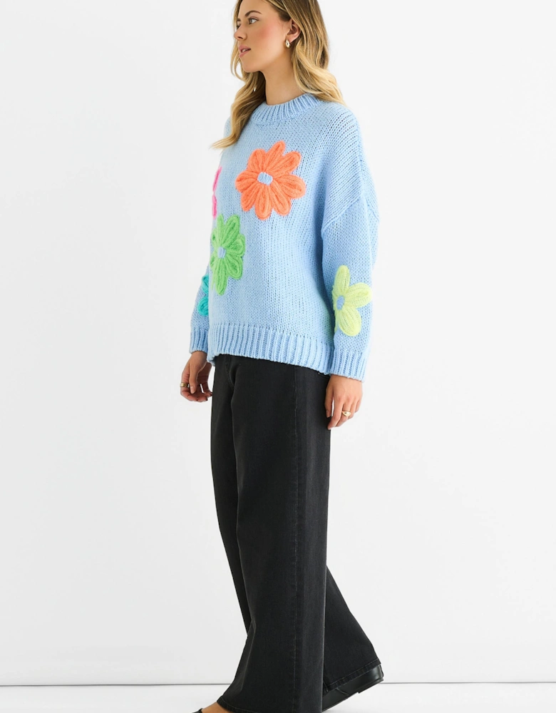 Blue Floral Crochet Chunky Knit Oversized Jumper