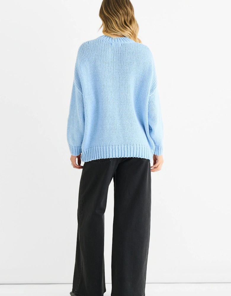 Blue Floral Crochet Chunky Knit Oversized Jumper